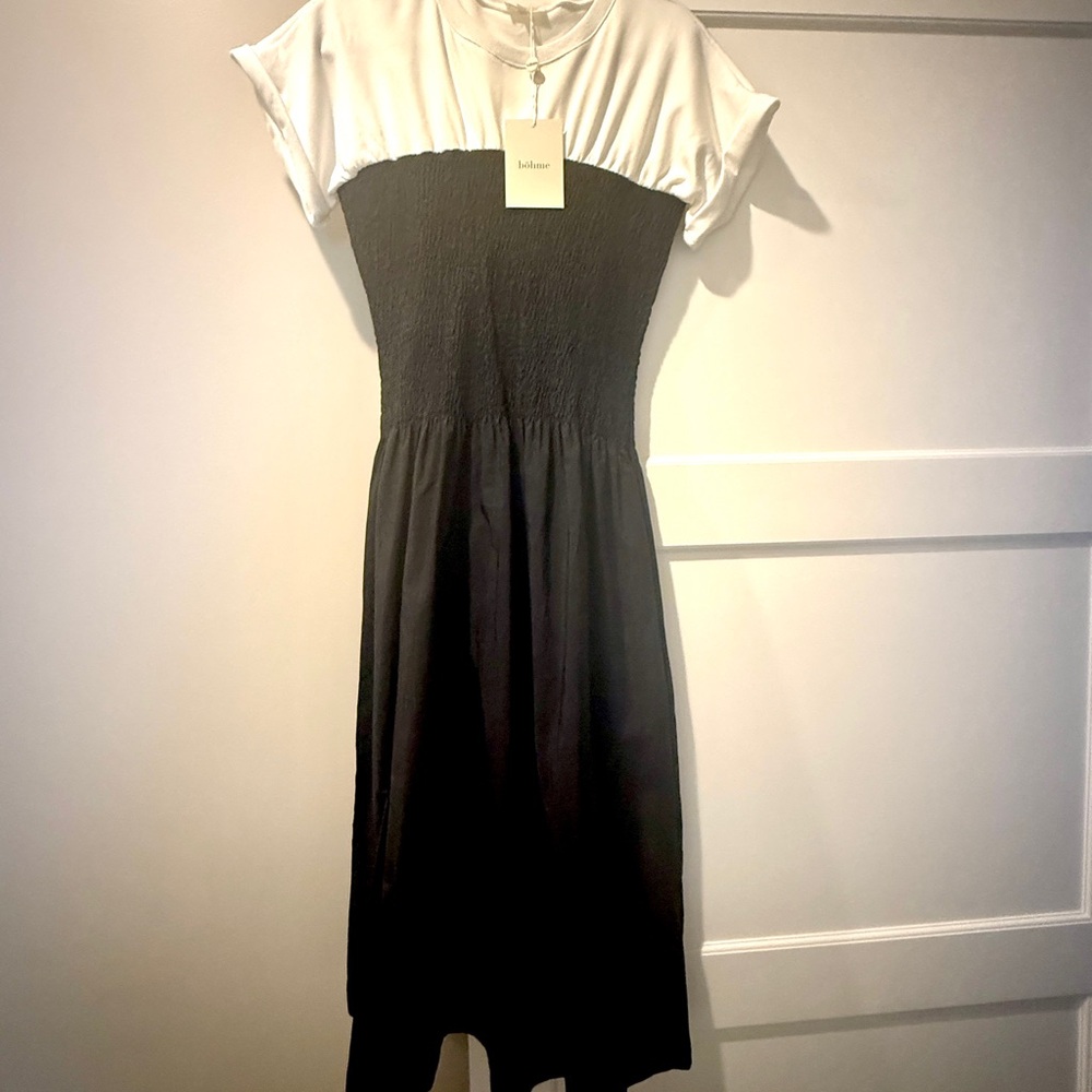 Bohme Black and White Midi Dress with Smocked Bodice size small NWT